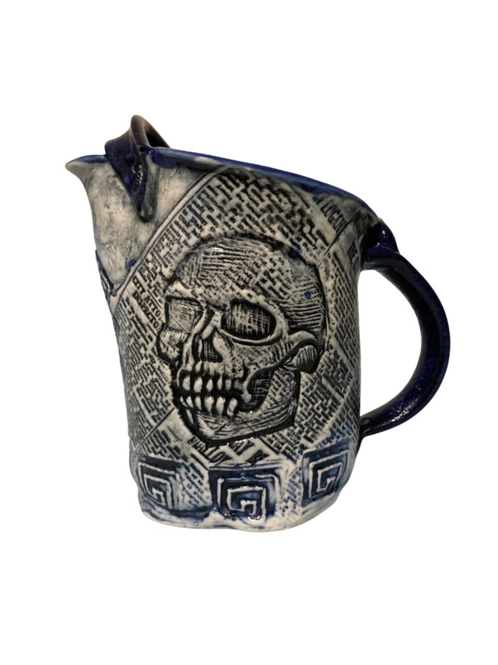 Blue And White Skull Pottery Pitcher Vase With News-Print Texture